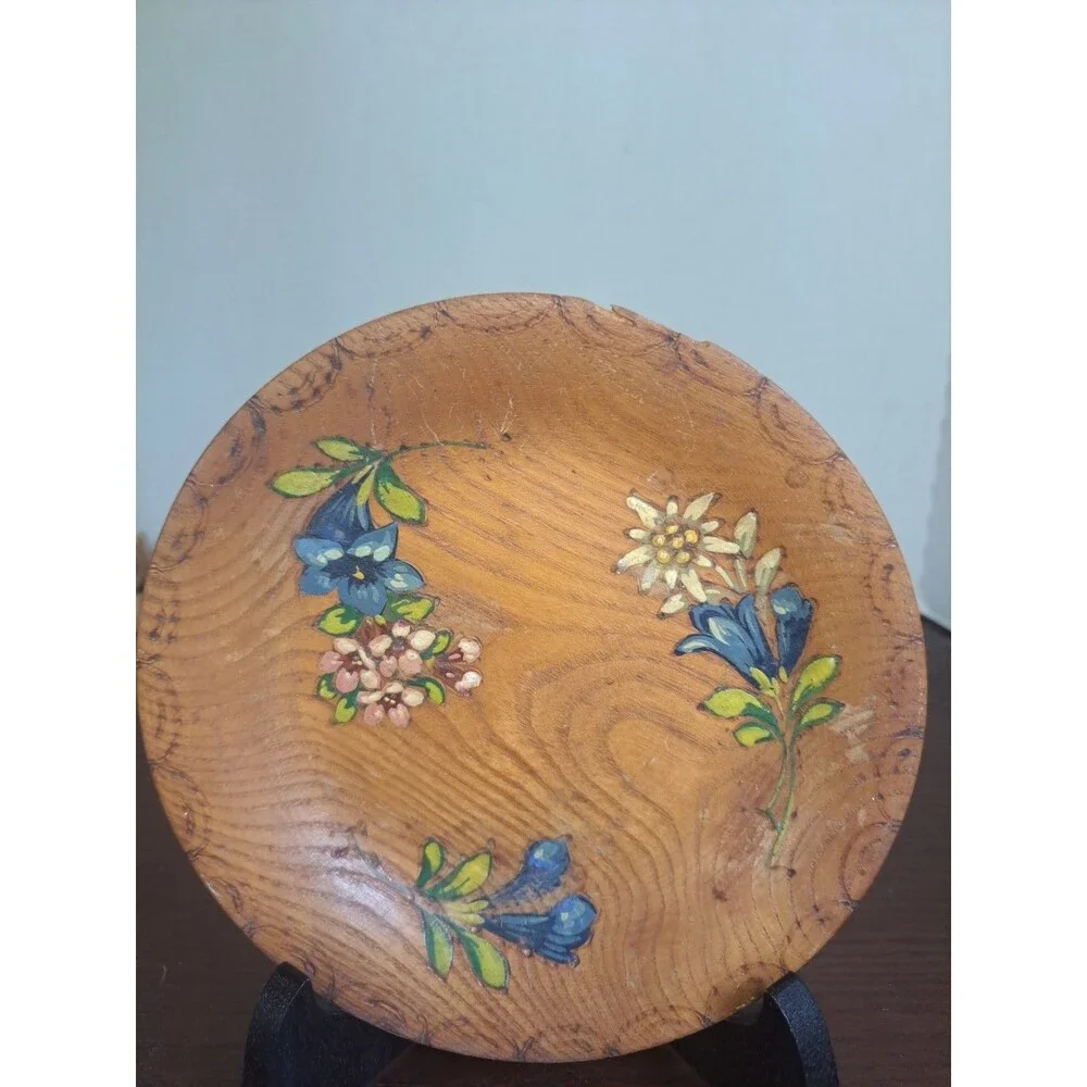 Vintage Alpine Style Floral Handpainted Wooden Decorative Plate